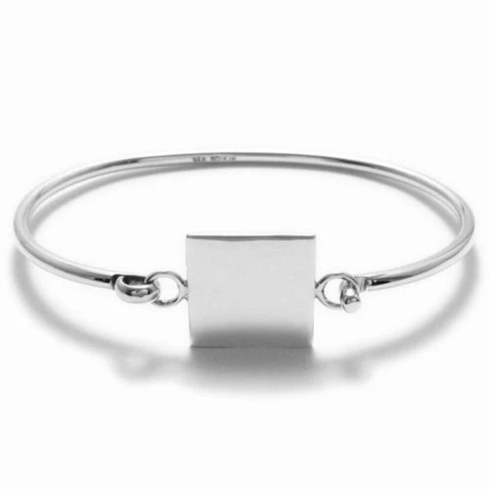 DELICATE STERLING SILVER ENGRAVABLE SQUARE PLATE BANGLE BRACELET - 7 INCH